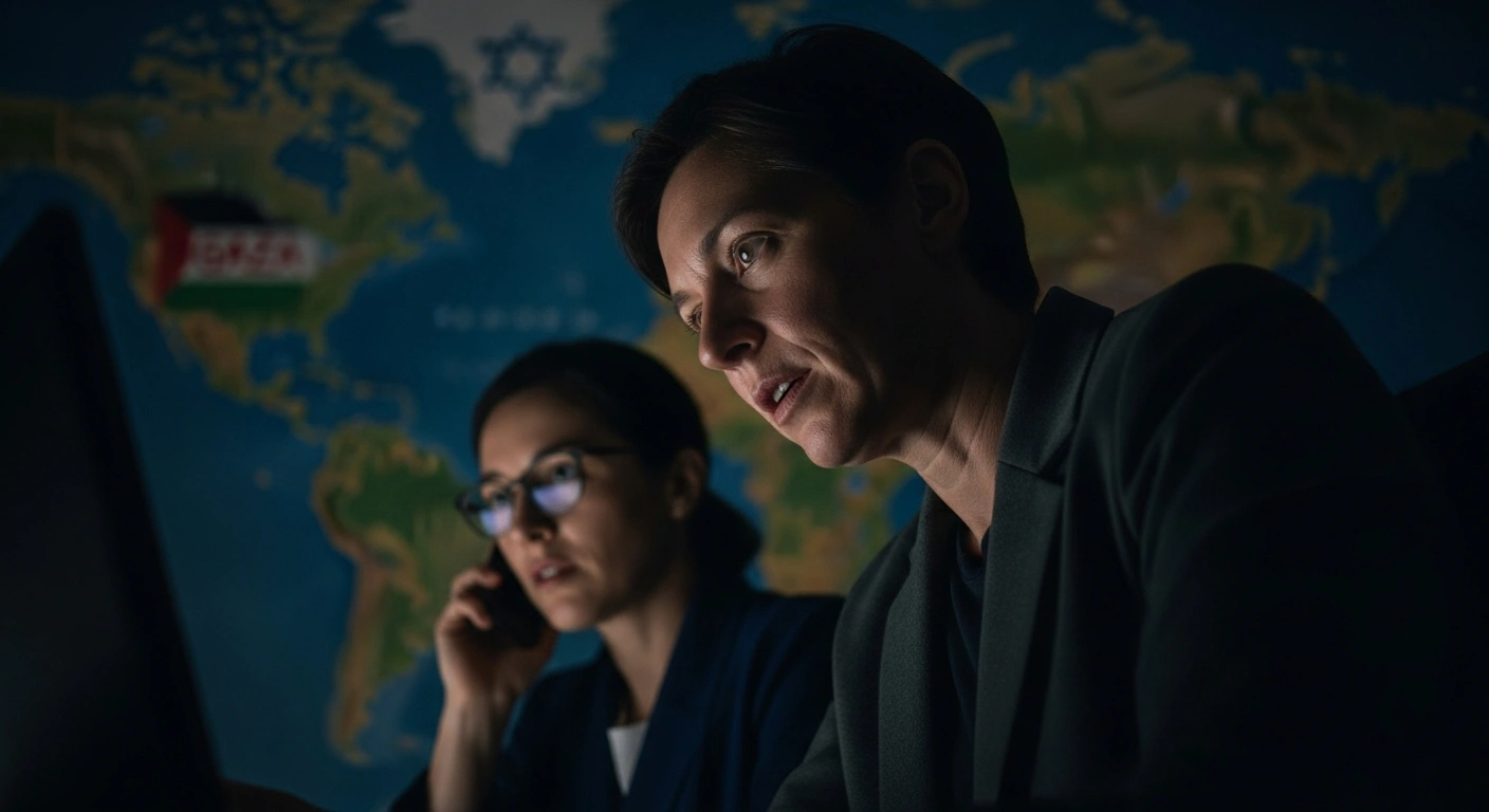 Two foreign ministers, one Italian and one Egyptian, are shown in a dimly lit, intense setting, engaged in an urgent phone call, with a blurred background subtly hinting at conflict zones like Gaza and Sudan, symbolizing their coordinated diplomatic efforts for peace and bilateral cooperation.