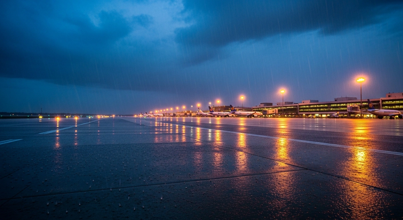 Heavy rain falls on the tarmac at Minneapolis-St. Paul International Airport during a severe storm event.