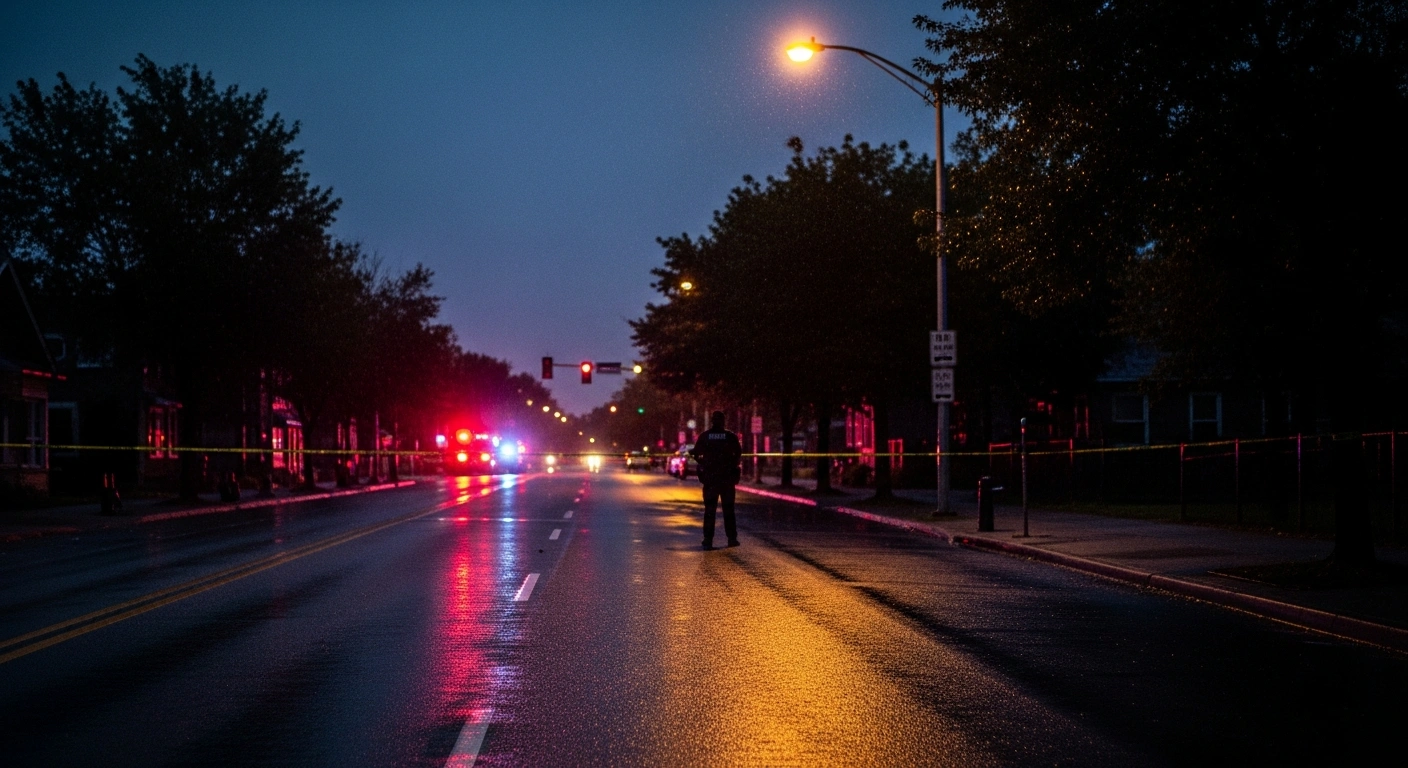 A rain-slicked street in South Minneapolis at dusk, with a lone law enforcement officer silhouetted near a cordoned-off area, representing the aftermath of the fatal shooting of Renee Nicole Good by an ICE officer during an immigration enforcement operation on January 7, 2026, which sparked protests and conflicting official accounts.