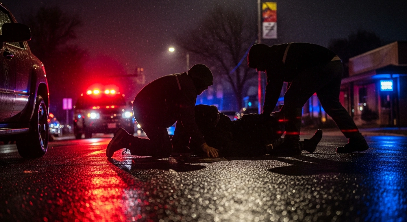 A chaotic night scene in North Minneapolis depicts a person on the ground, likely a Venezuelan national, amidst flashing emergency lights and blurred figures, following a federal immigration traffic stop where an officer shot the individual in the leg.