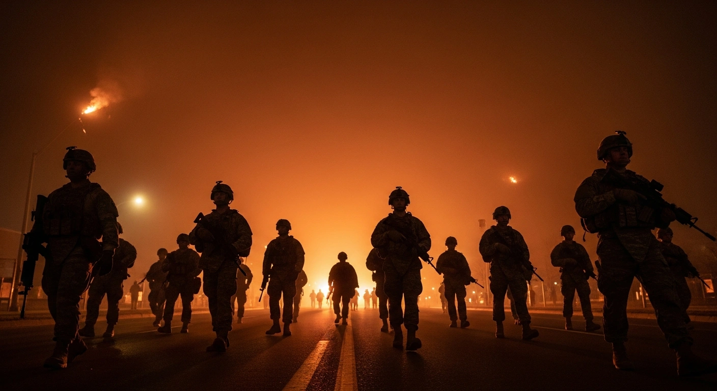 Active-duty soldiers from the 11th Airborne Division stand in formation in a tense urban setting in Minneapolis, reflecting the Pentagon's standby order amidst escalating protests and threats of the Insurrection Act.