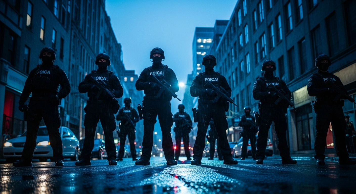 A wide, low-angle photograph at twilight shows a line of federal agents in tactical gear, slightly blurred against a neon-lit, rain-slicked city street, representing the 'unprecedented surge' of agents in Minneapolis and St. Paul that Minnesota's Attorney General Keith Ellison is suing to stop.