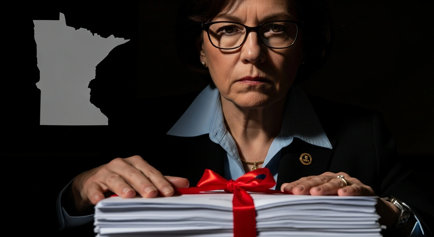 A stern federal official, representing the Trump administration, is shown pressing down on a stack of official documents tightly bound with a red ribbon, signifying the suspension of over $129 million in federal benefit payments to Minnesota programs like child nutrition, childcare, and small business loans, with a subtle map of Minnesota visible in the background.