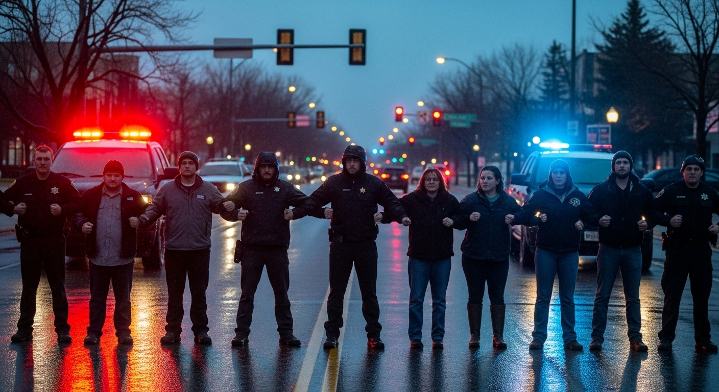 Protesters gather on a street in Minnesota during an immigration enforcement operation involving federal agents.
