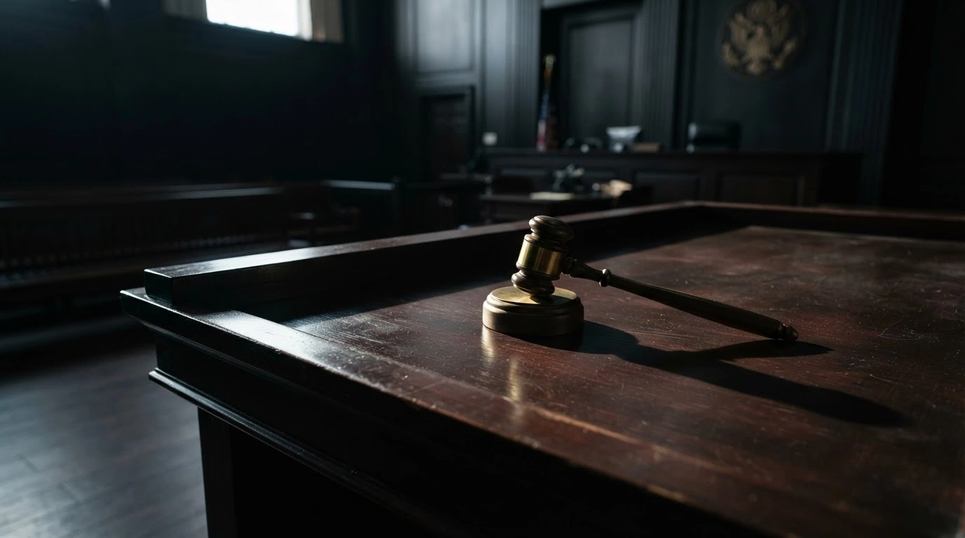 A heavy brass gavel sits on a dark courtroom bench representing the Department of Justice filing a misconduct complaint against federal judges in Minnesota.