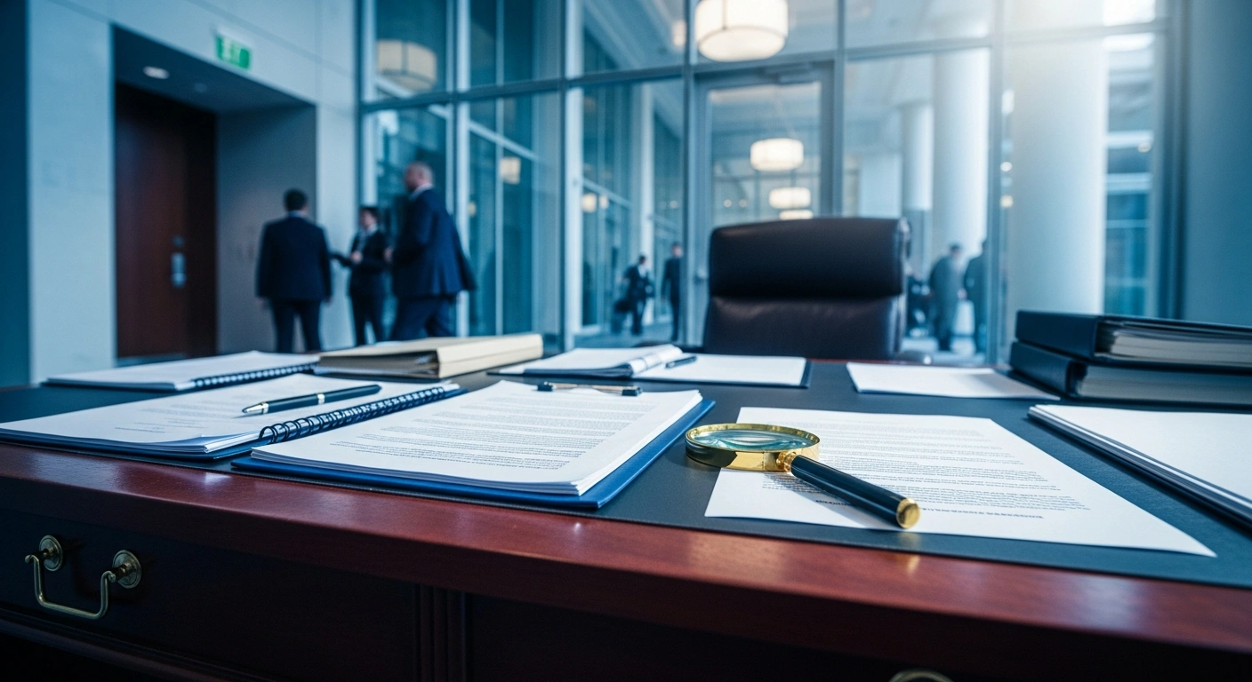 A close-up view of legal documents and a magnifying glass on a desk in the Minnesota State Capitol, representing the state's efforts to combat Medicaid fraud.