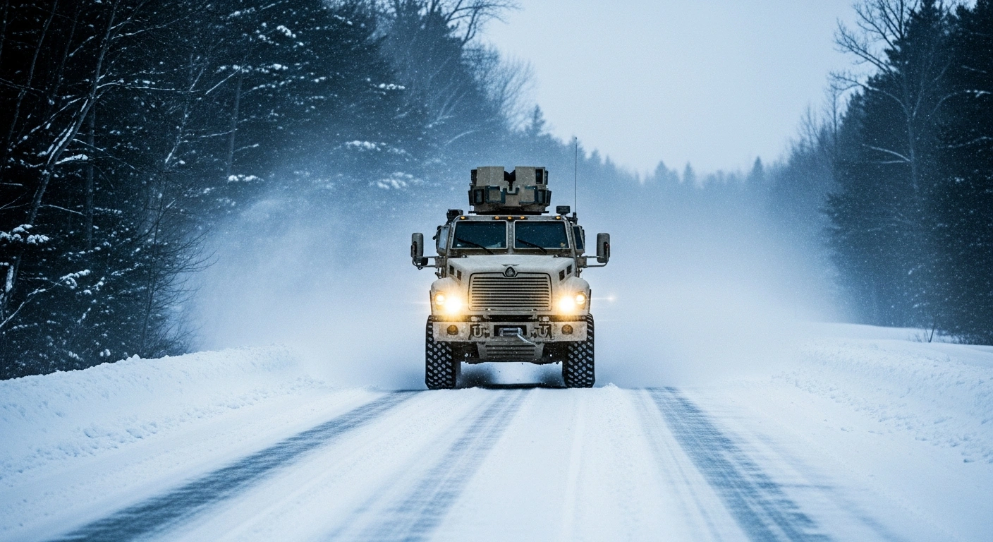 A Minnesota National Guard vehicle drives through deep snow on a rural road during a severe winter storm to assist with emergency operations.