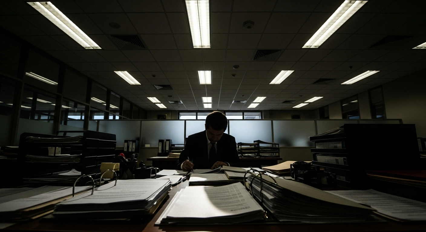 A lone, silhouetted figure in a sterile government office intently examines a desk piled with official documents and binders, symbolizing the U.S. Department of Labor's specialized strike team conducting an onsite investigation into widespread fraud within Minnesota's Unemployment Insurance program.