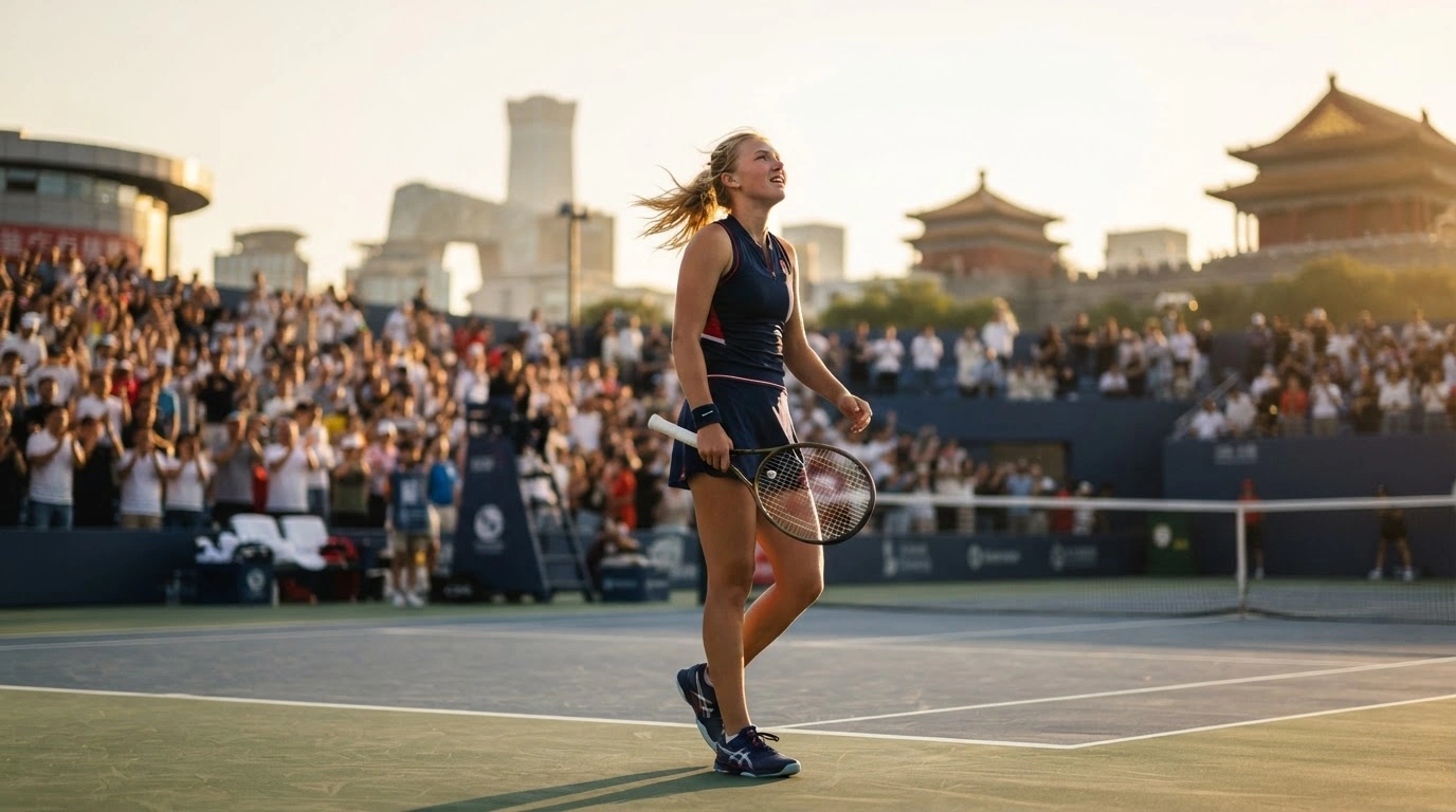 Russian tennis player Mirra Andreeva stands on a professional tennis court in Beijing after securing a spot in the China Open final.