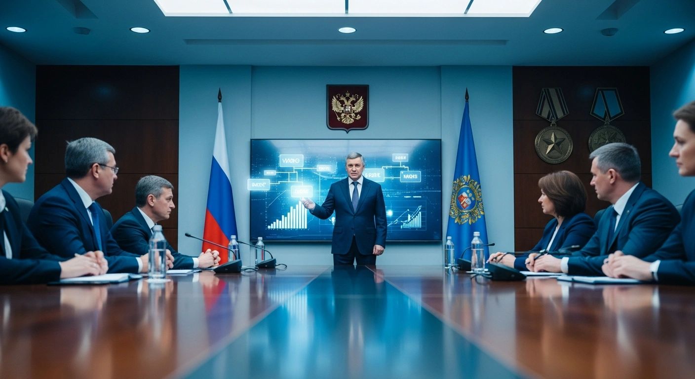 Prime Minister Mikhail Mishustin leads a Russian government meeting focused on digital currency infrastructure and social support systems for military veterans.