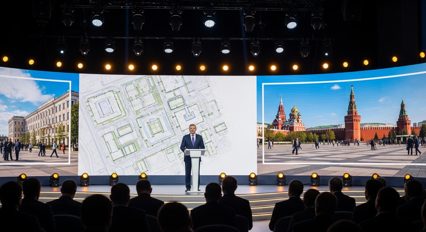Russian Prime Minister Mikhail Mishustin speaks at the National Forum for the Development of Small Towns and Historical Settlements in Moscow to discuss urban revitalization.