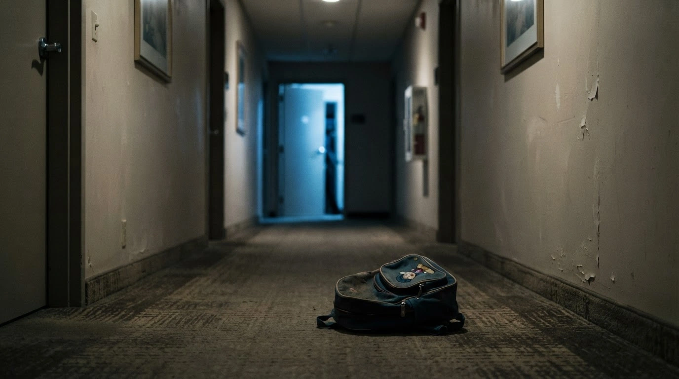 An abandoned backpack sits in a dark, empty hotel hallway representing the missing unaccompanied asylum-seeking children under UK government care.
