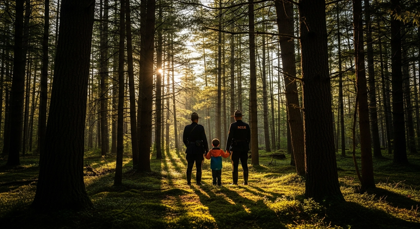 An RCMP officer stands in a Nova Scotia forest after successfully locating a missing eight-year-old boy who has been found safe.