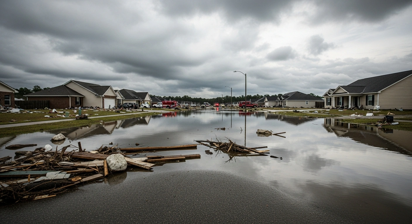 Emergency management teams assess the extensive flood damage to homes and businesses in a Mississippi neighborhood following severe storms.