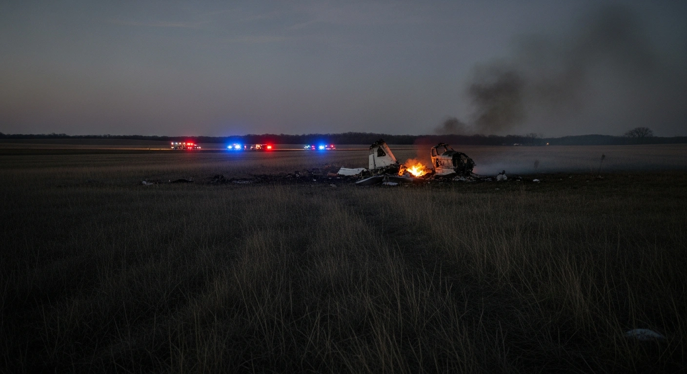 The smoldering wreckage of a small plane lies in a field near Butler Memorial Airport in Missouri after a fatal crash involving skydivers.