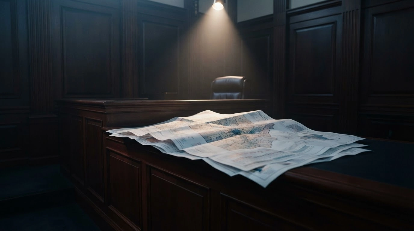 A federal judge's bench sits in a dimly lit courtroom with redistricting maps laid out during a contempt hearing regarding Missouri congressional maps.