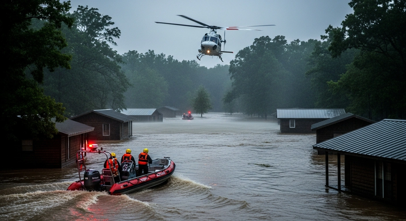 Emergency responders use a rescue boat and helicopter to evacuate people from a flooded summer camp in Missouri.