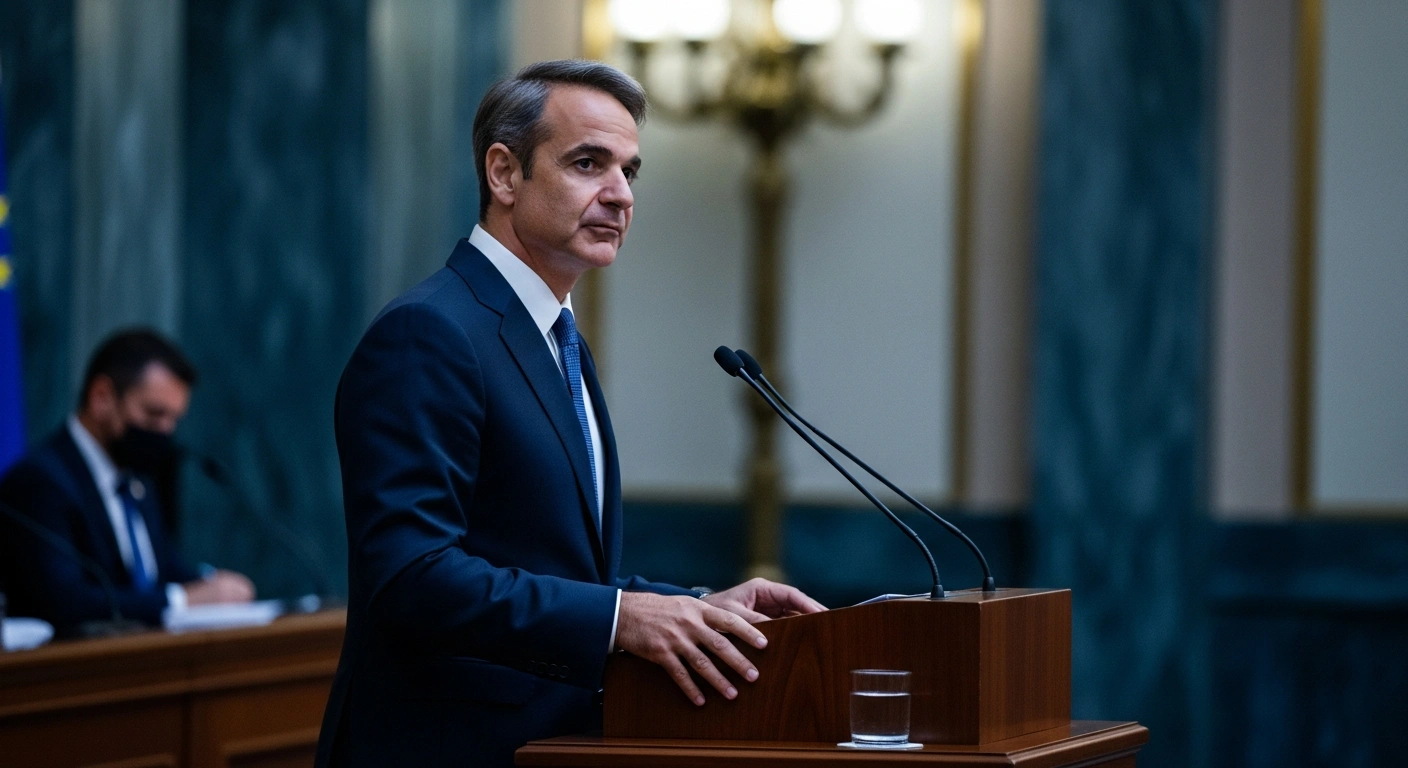 Greek Prime Minister Kyriakos Mitsotakis delivers a serious address regarding national stability and regional security interests.