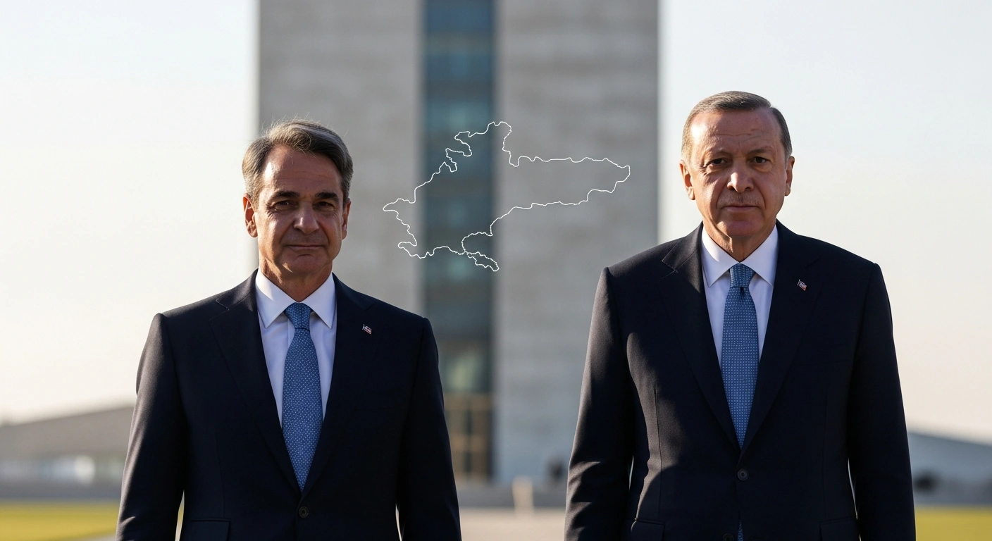 A photorealistic image depicting two distinguished leaders, representing Greek Prime Minister Kyriakos Mitsotakis and Turkish President Recep Tayyip Erdogan, standing formally side-by-side in a modern setting, symbolizing their upcoming meeting in Ankara to discuss bilateral ties, trade, and regional issues despite ongoing maritime boundary differences.