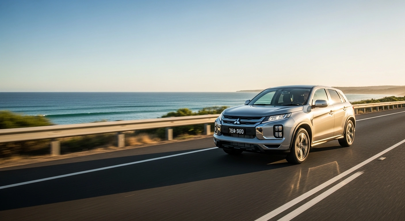 A modern Mitsubishi ASX VR-e electric SUV driving along a scenic Australian coastal road during a bright sunny day.