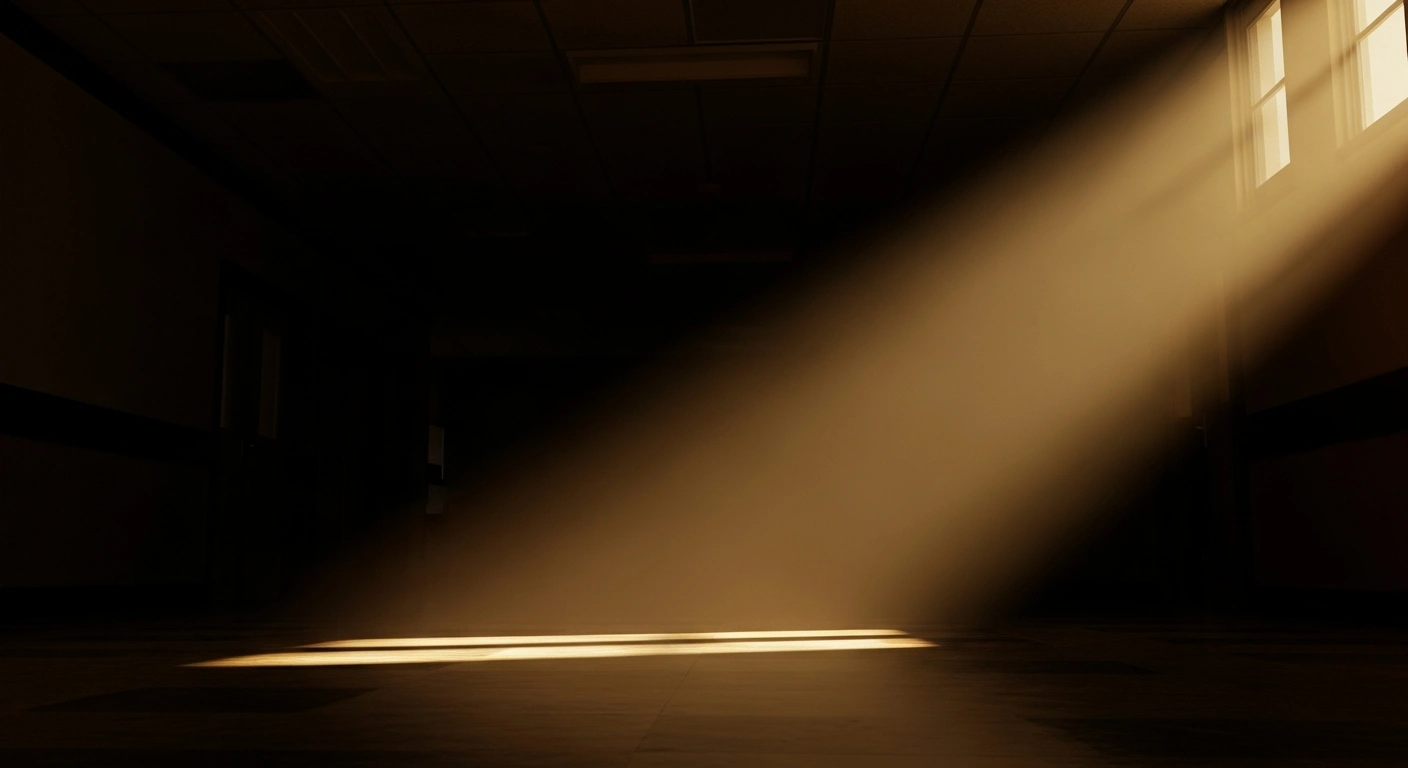 A strong beam of golden light cuts through deep shadows on a polished institutional floor, representing the Virginia Attorney General's initiative for K-12 schools to adopt the IHRA's definition of antisemitism to combat anti-Jewish bias and discrimination.