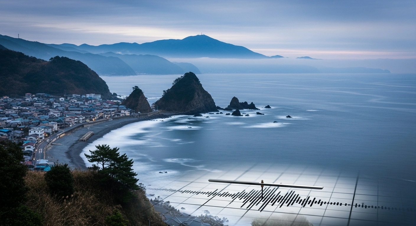 A view of the Japanese coastline at dawn following a magnitude 5.4 earthquake off the coast of Miyazaki Prefecture.