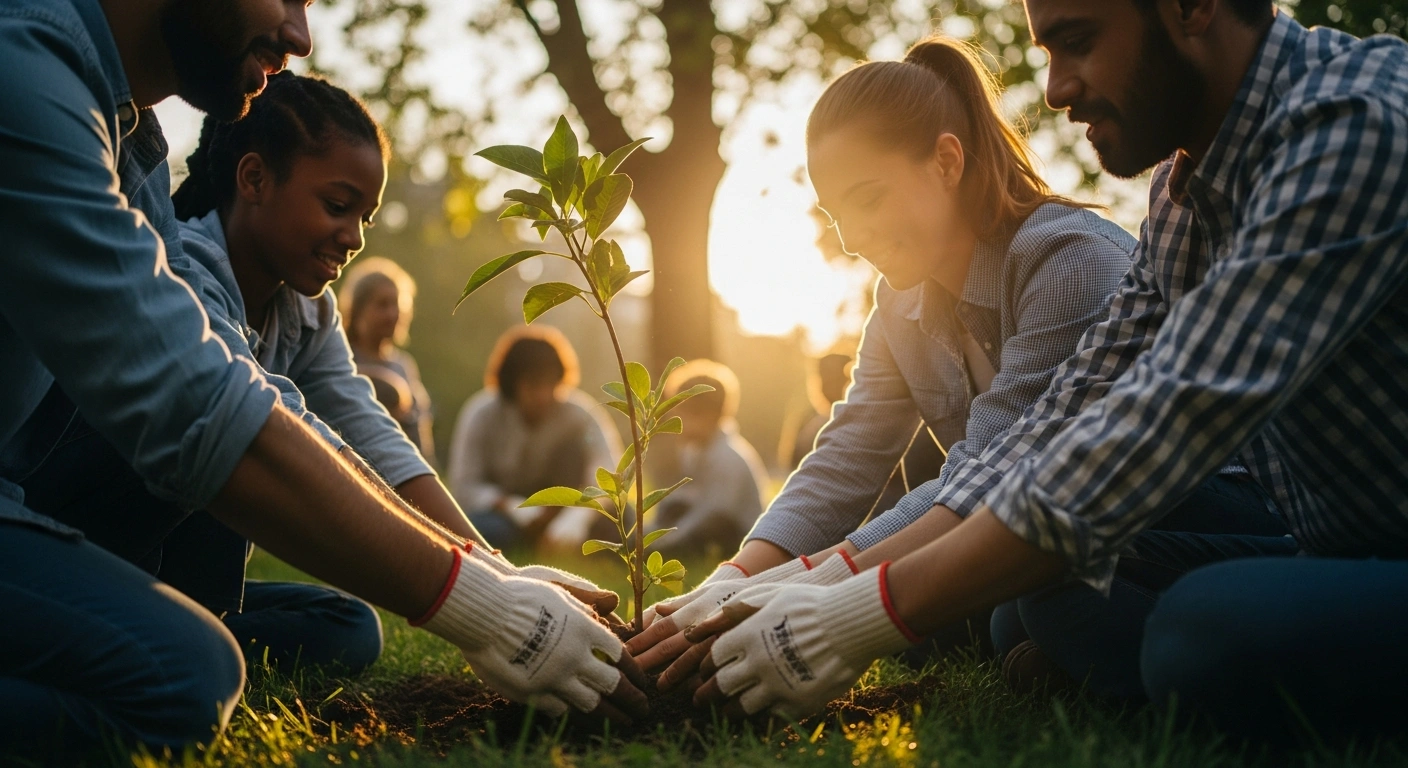 A diverse group of people, including young and old, are shown engaged in community service, planting a tree in a sunlit urban park, symbolizing the legacy of Martin Luther King Jr. Day and its emphasis on equality and nonviolent social change.