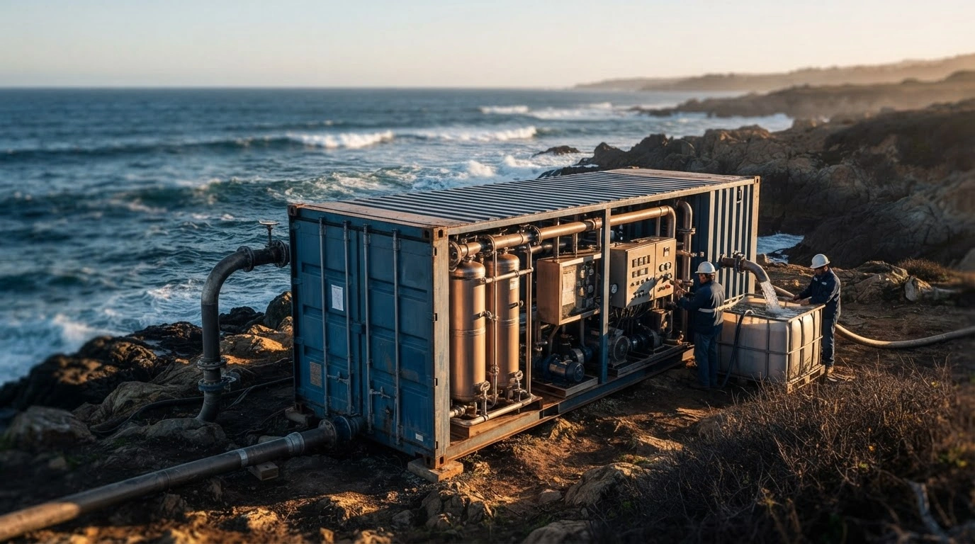 A mobile containerized seawater desalination system is set up on a rocky shore to provide emergency water access.
