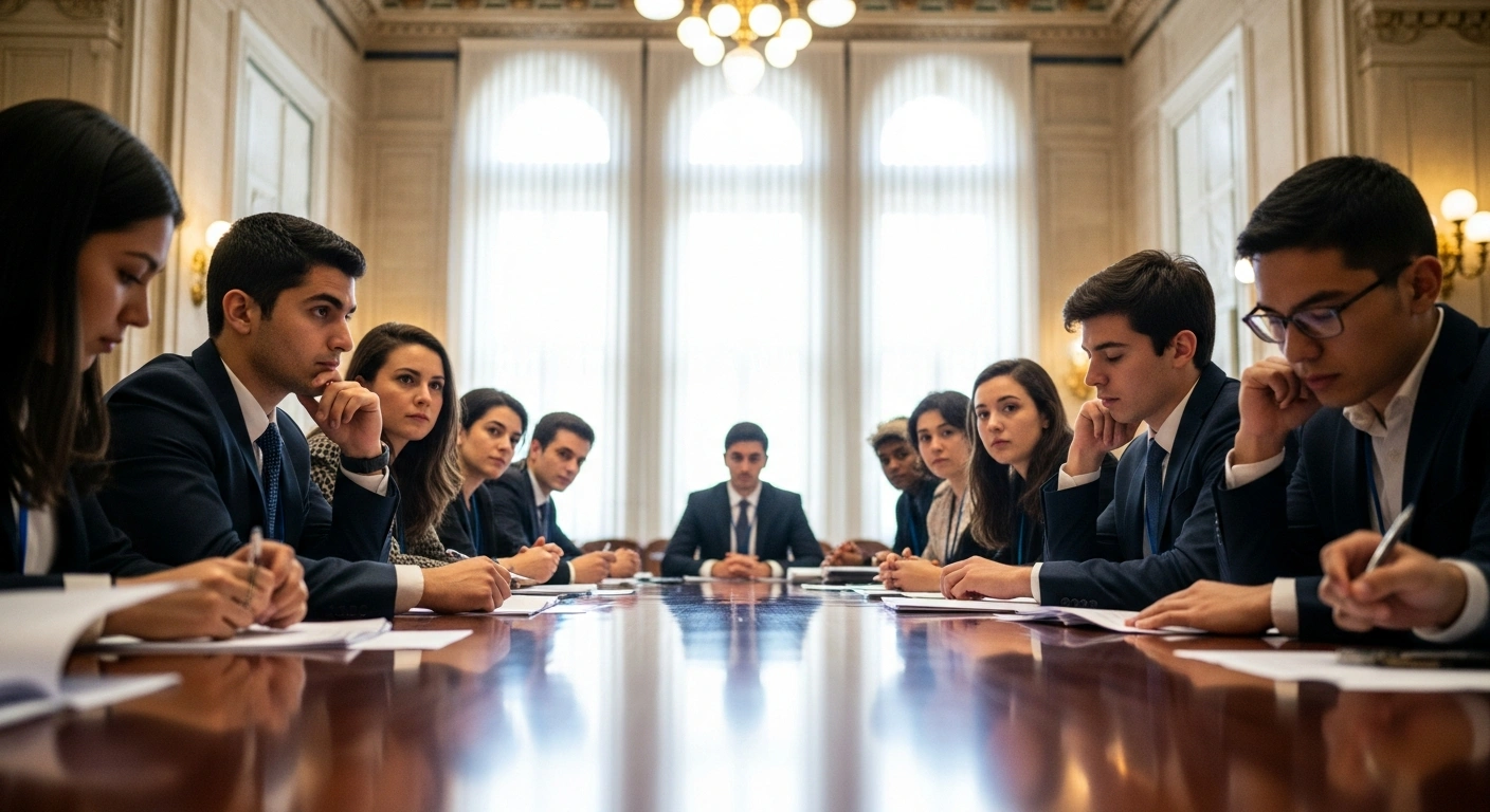 A diverse group of young delegates from various countries are seated at a long, polished conference table in a grand, ornate hall in Istanbul, engaged in a serious diplomatic simulation of the Model OIC Summit focused on the Gaza crisis.