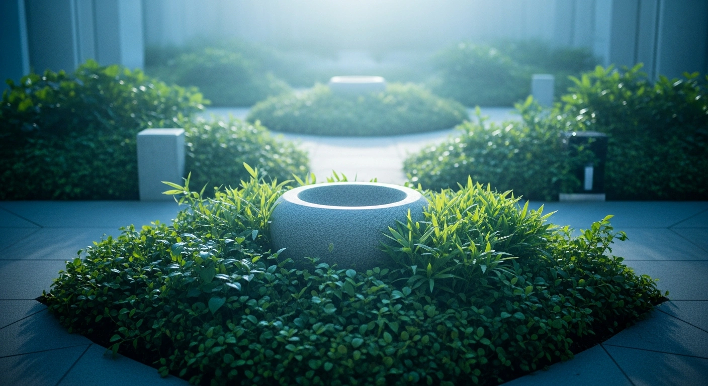 A serene memorial garden setting represents the modernization of funeral laws and sustainable body disposal methods like human composting and water cremation.