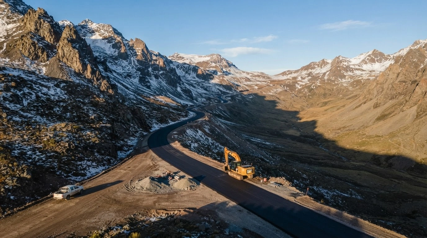 Construction equipment works on paving the Pichachén pass to improve cross-border infrastructure and connectivity between Argentina and Chile in the Andes mountains.