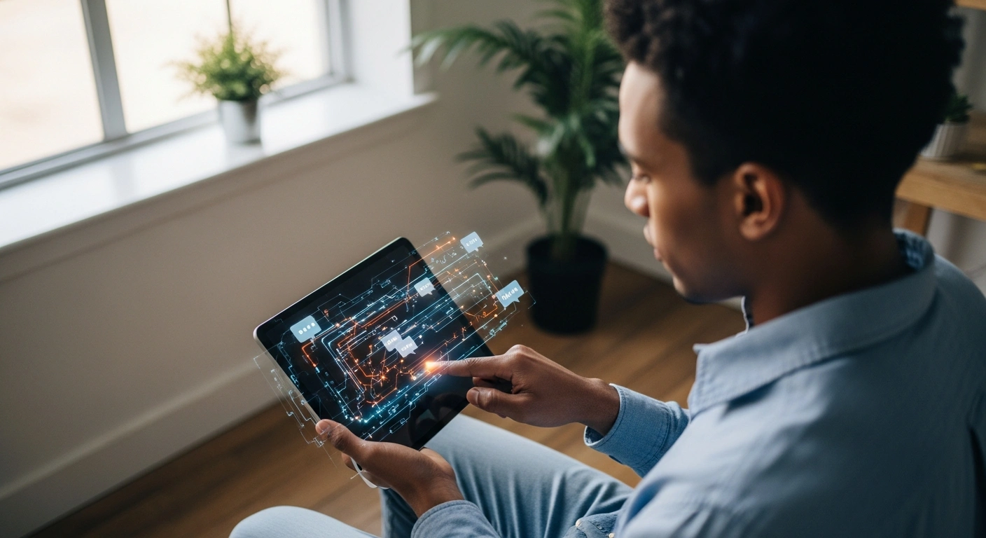 A person uses a digital tablet to access internet-based telecommunications relay services to improve accessibility for individuals with hearing or speech disabilities.