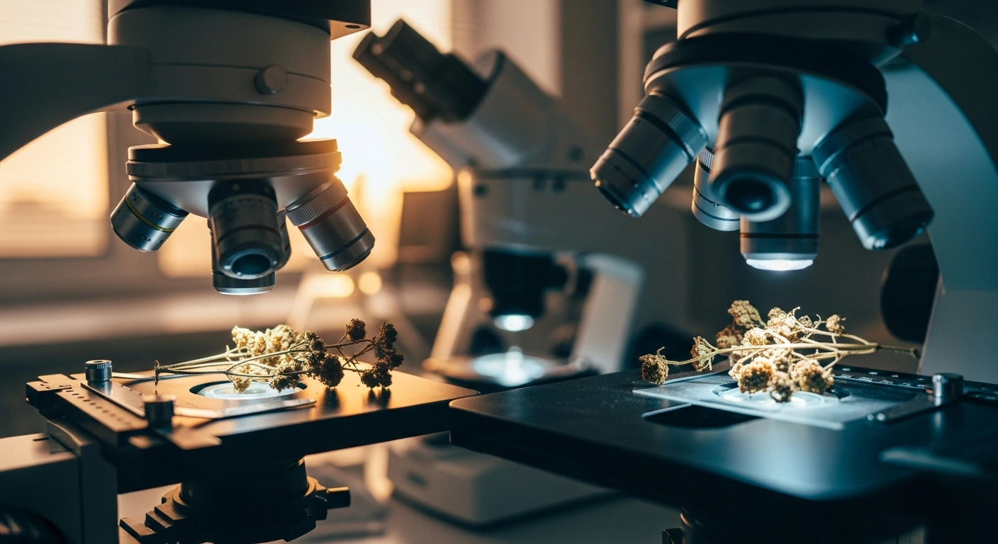 A scientist examines traditional Chinese medicinal herbs using modern laboratory equipment to represent the modernization and global development plan for TCM.