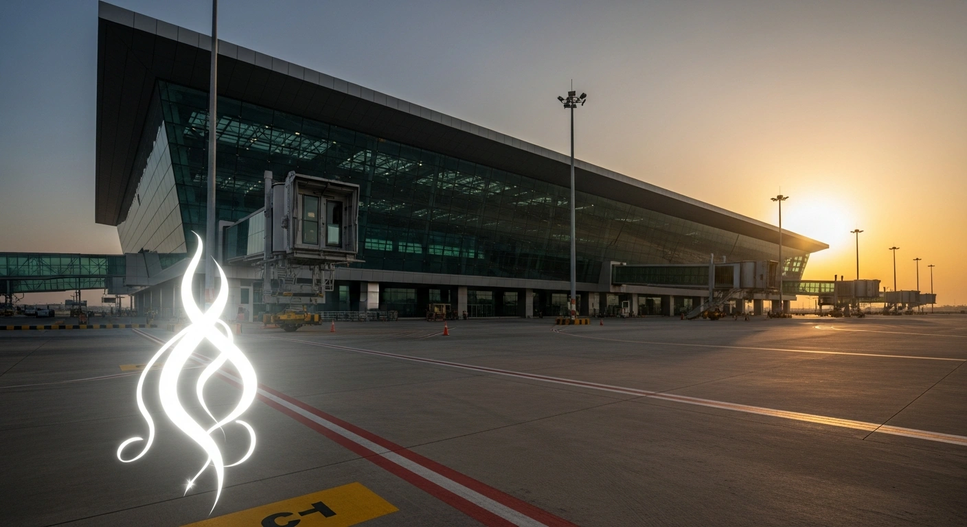 A modern airport terminal building, symbolizing the new civil terminal at Halwara Airport and the renamed Adampur Airport, stands under a golden sunset, representing the significant boost to regional aviation infrastructure and connectivity initiated by Prime Minister Narendra Modi.