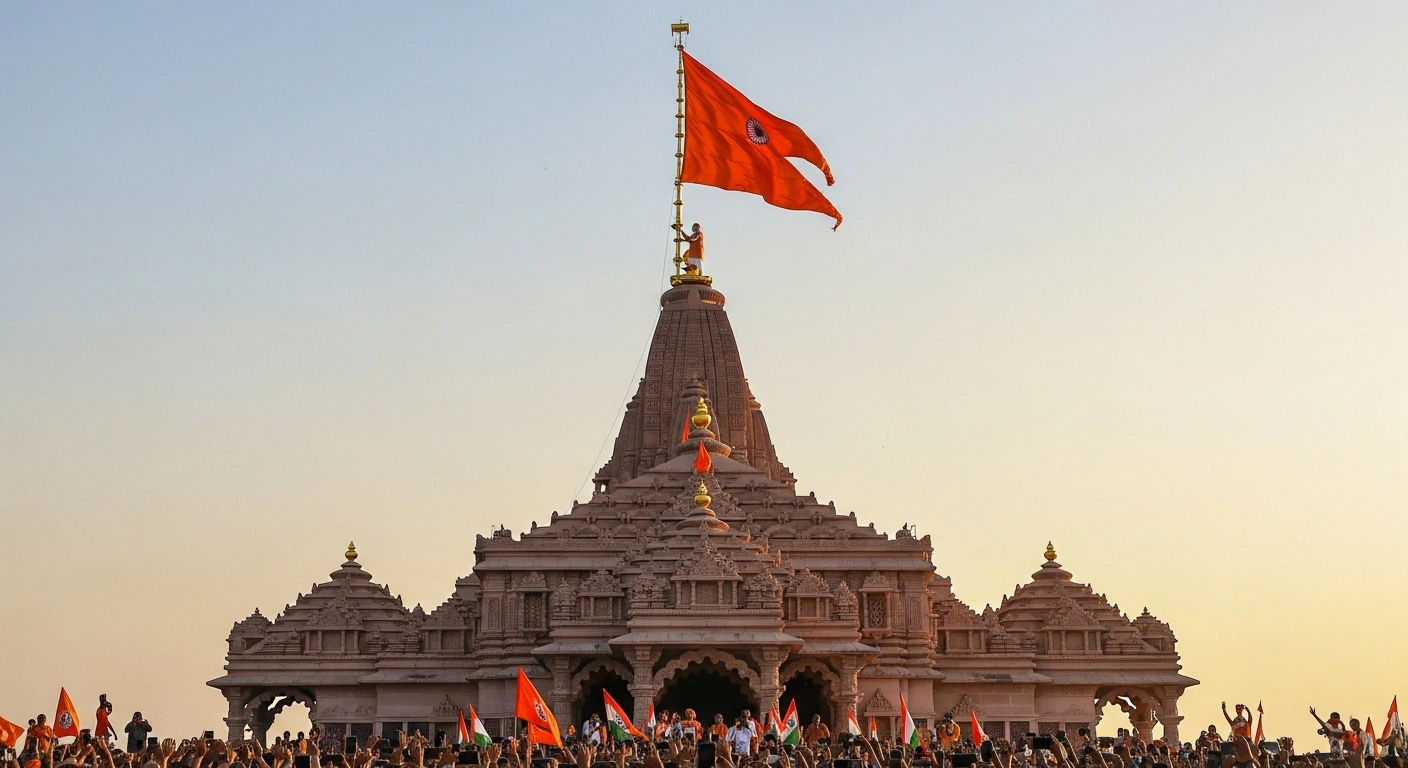 Prime Minister Narendra Modi is depicted hoisting a vibrant saffron flag atop the grand Ayodhya Ram Temple, signifying its formal completion during the 'Dhwaja Arohan' ceremony, with a large crowd of attendees visible below.