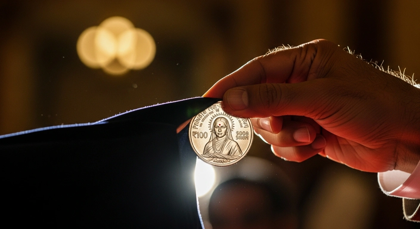 Prime Minister Narendra Modi is shown in a close-up, carefully unveiling a gleaming silver ₹100 coin featuring Bharat Mata, commemorating the Rashtriya Swayamsevak Sangh (RSS) centenary celebrations in New Delhi.