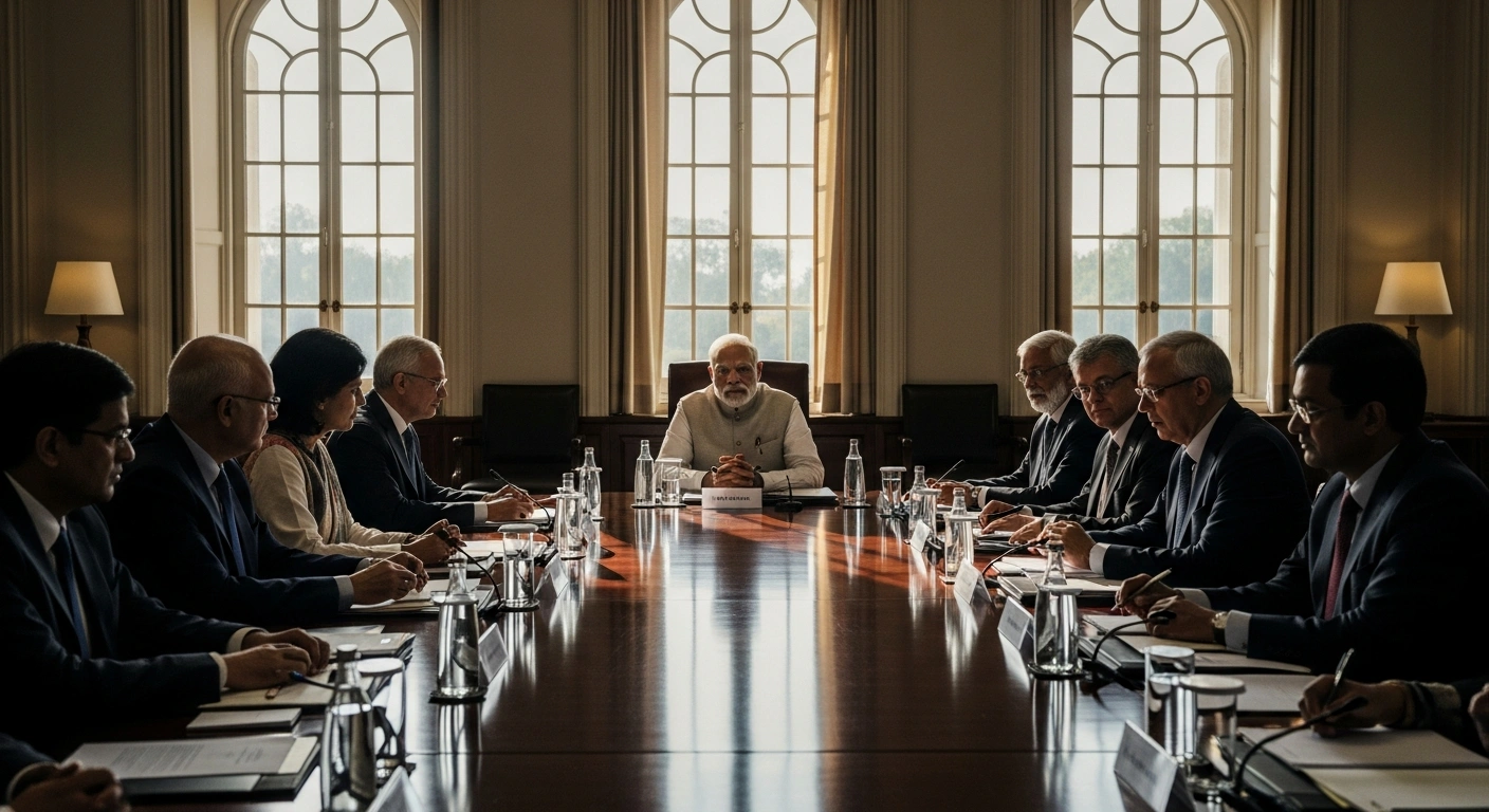 Prime Minister Narendra Modi presides over a crucial meeting with eminent economists and sectoral experts at a long, polished table in a grand conference room in New Delhi, discussing insights for the upcoming Union Budget 2026-27.