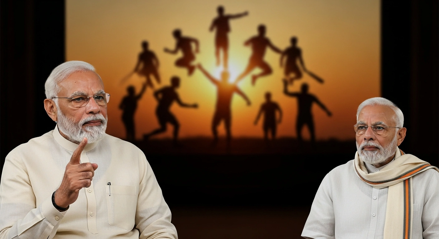 Prime Minister Narendra Modi speaks during his radio program while images of successful Indian athletes are displayed in the background.