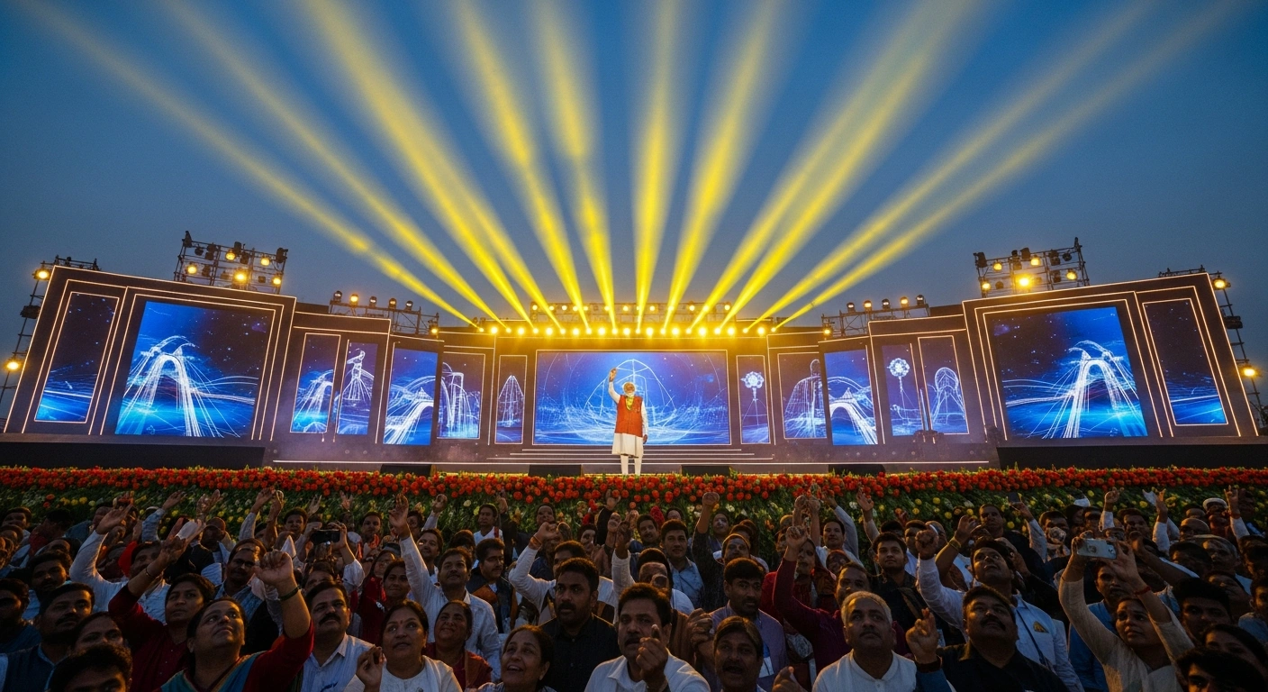 Prime Minister Narendra Modi stands on a brightly lit, modern stage with a backdrop depicting abstract representations of infrastructure and energy, addressing a diverse, hopeful crowd in Nava Raipur during Chhattisgarh's 25th-anniversary celebrations, symbolizing the inauguration of significant development projects across key sectors like infrastructure, healthcare, energy, and industry.