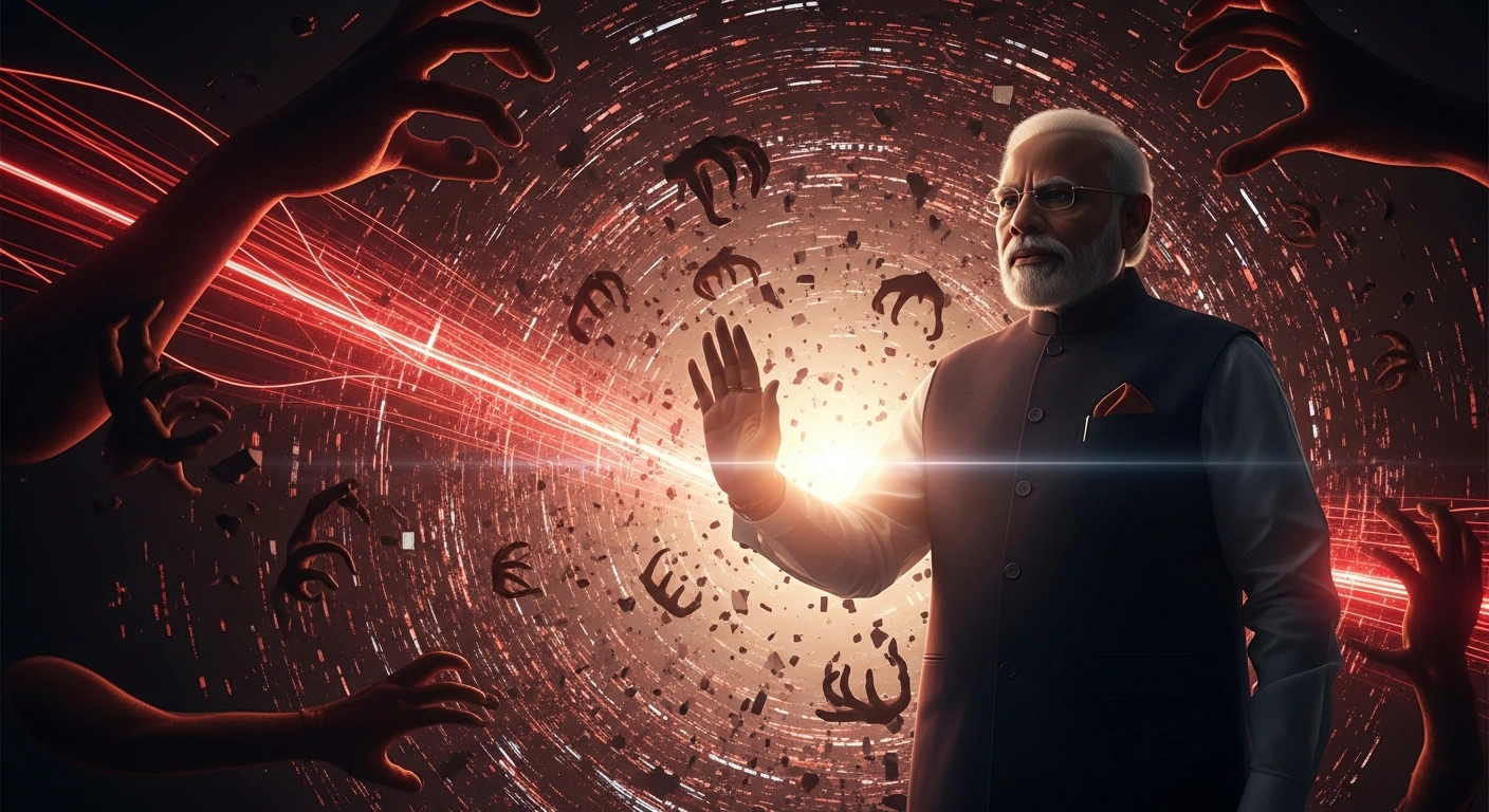 A commanding figure, symbolizing Prime Minister Narendra Modi, stands resolutely against a backdrop of abstract digital threats and online fraud, representing his caution against 'digital arrest' and advocacy for safe digital practices to combat rising cybercrime in India.