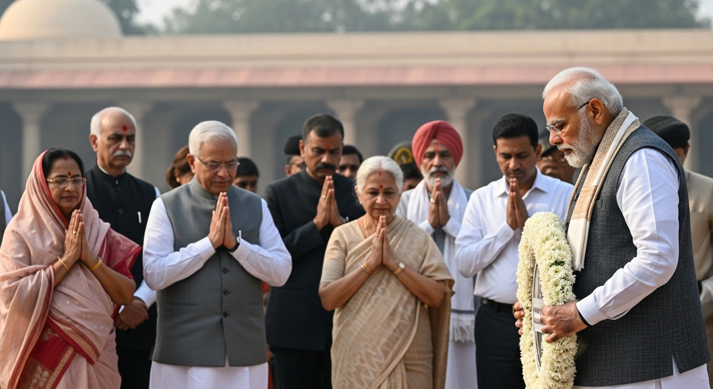 Prime Minister Narendra Modi places a white floral wreath at Gandhi Smriti in New Delhi, surrounded by dignitaries during an all-religious prayer meeting on January 30, 2026, commemorating Mahatma Gandhi's 78th death anniversary, observed as Martyr's Day.