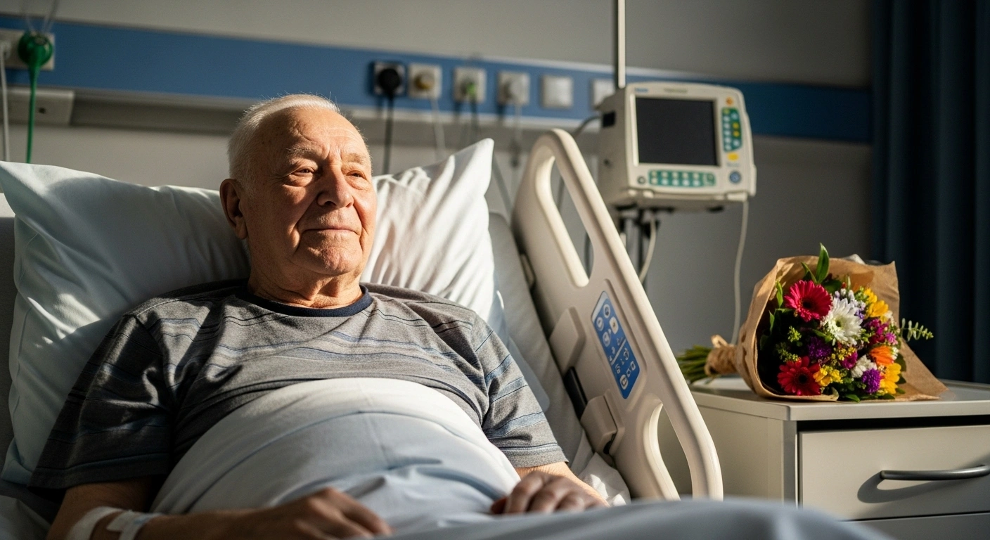 An elderly man, resembling Congress president Mallikarjun Kharge, rests peacefully in a hospital bed after a successful pacemaker implant procedure, with soft light and a bouquet of flowers suggesting recovery and well-wishes following Prime Minister Narendra Modi's message.
