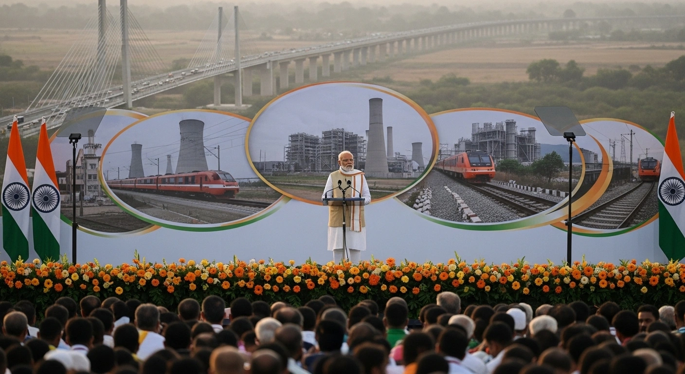 Prime Minister Narendra Modi stands on an outdoor stage, inaugurating multiple development projects worth ₹13,430 crore in Kurnool, Andhra Pradesh, with a backdrop depicting modern infrastructure and a hopeful crowd.