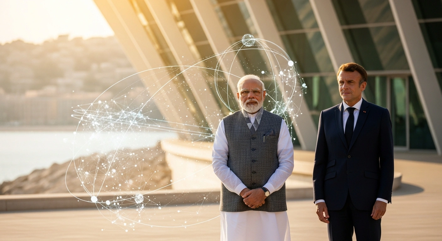 Indian Prime Minister Narendra Modi and French President Emmanuel Macron stand together on a stage in Nice to inaugurate the Bharat Innovates 2026 tech summit.