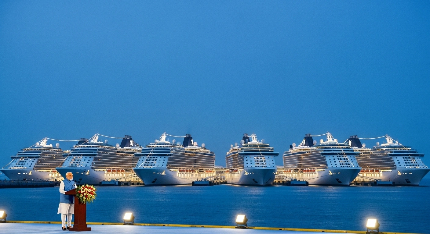 Prime Minister Narendra Modi inaugurates the state-of-the-art Mumbai International Cruise Terminal at dusk, with five large cruise ships docked behind the modern facility, symbolizing a major boost for India's maritime tourism.