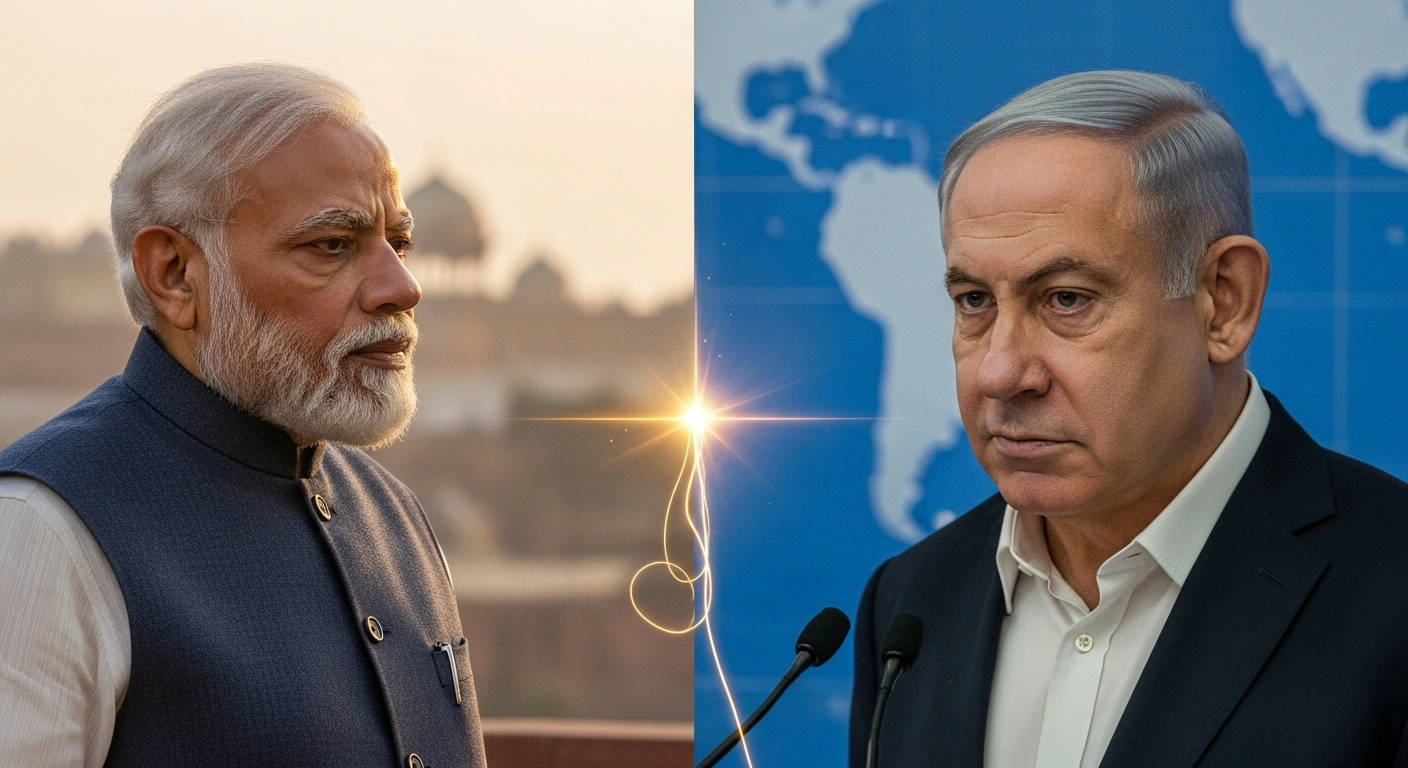 A composite image shows Prime Minister Narendra Modi in warm lighting and Prime Minister Benjamin Netanyahu in cool lighting, visually connected by a subtle line, symbolizing their telephone call to discuss the India-Israel strategic partnership, Gaza peace plan, and counter-terrorism.