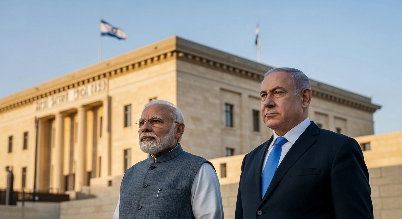 Indian Prime Minister Narendra Modi and Israeli Prime Minister Benjamin Netanyahu stand side-by-side in front of the Knesset building, symbolizing their strategic alliance and cooperation during Modi's visit to Israel.