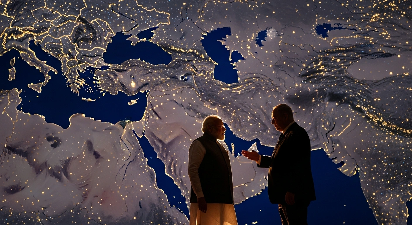 A cinematic visual depicting two silhouetted figures, representing Prime Minister Narendra Modi and Israeli PM Benjamin Netanyahu, against a subtly glowing map of West Asia, symbolizing their discussion amidst escalating regional tensions and Modi's call for civilian safety, dialogue, and an early cessation of hostilities.
