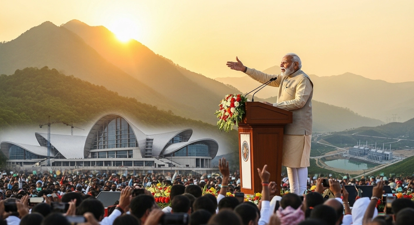 Prime Minister Narendra Modi addresses a large rally in Itanagar, Arunachal Pradesh, with a backdrop featuring the region's mountains, a partially constructed convention center, and a hydropower project, symbolizing the unveiling of new development initiatives.