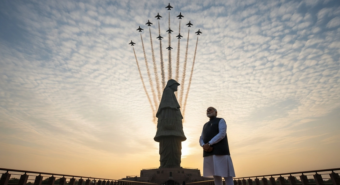 Prime Minister Narendra Modi stands before the towering Statue of Unity as Indian Air Force jets perform a flypast, commemorating Sardar Vallabhbhai Patel's 150th birth anniversary on National Unity Day.